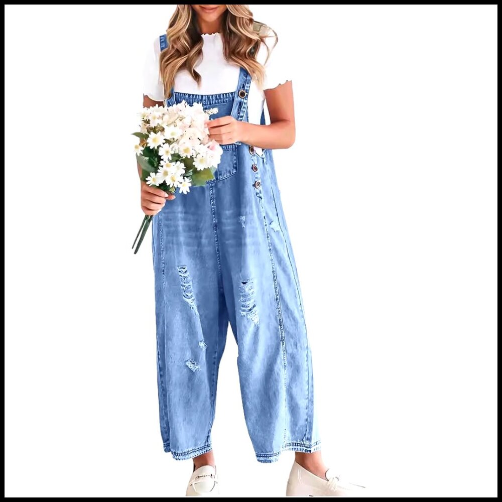 Distressed Denim Overalls Wide Leg Baggy Fit Y2K Casual Loose Jumpsuit
